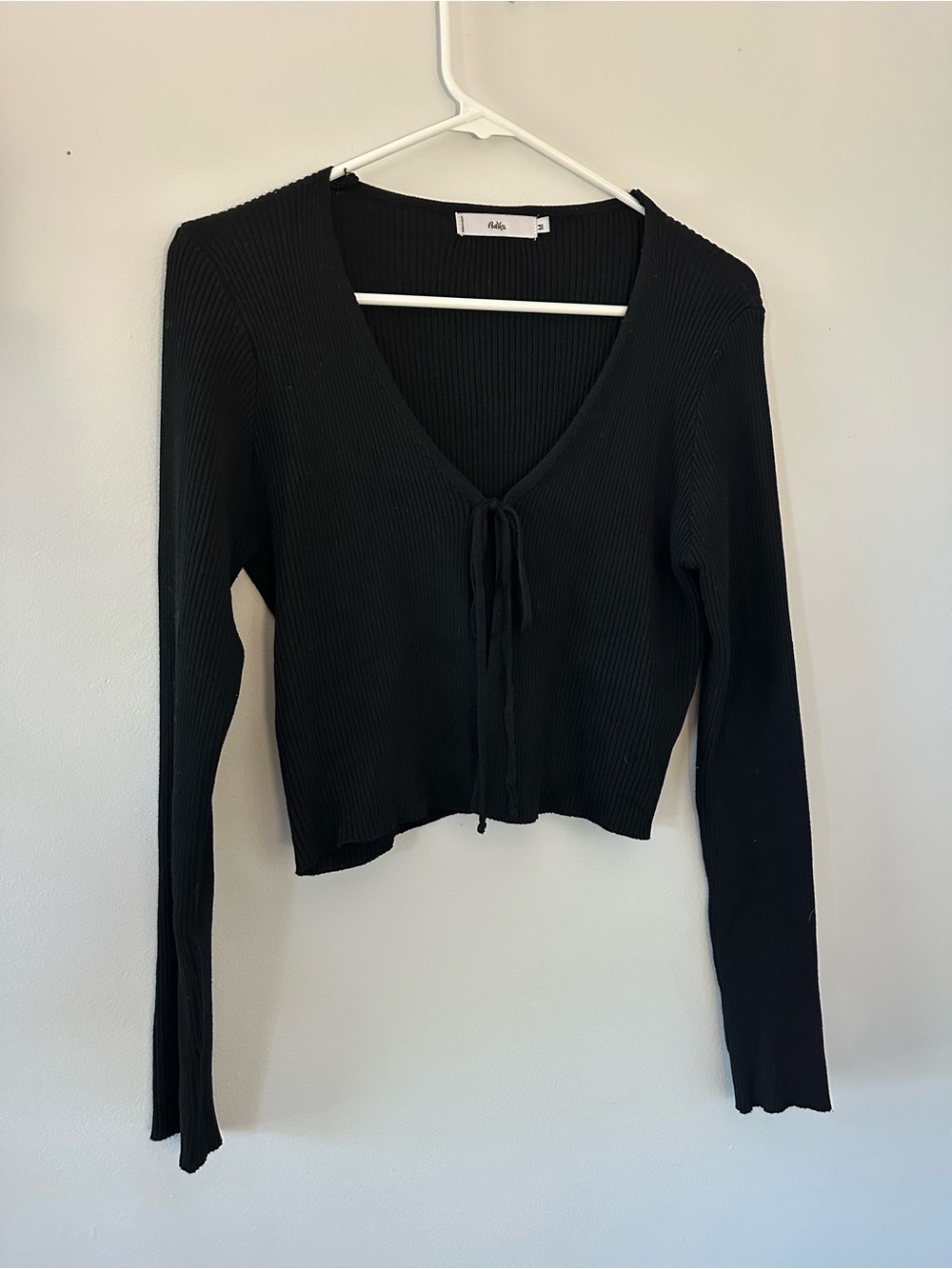 Adika Black Ribbed Tie-Front Long Sleeve Crop Top